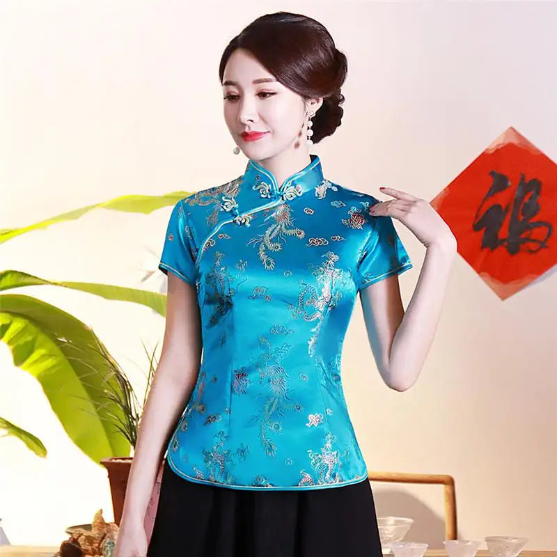 Vintage Flower Women Chinese Traditional Satin Blouse Summer Sexy Shirt Novelty Dragon Clothing Tops Plus Size 3XL 4XL WS009