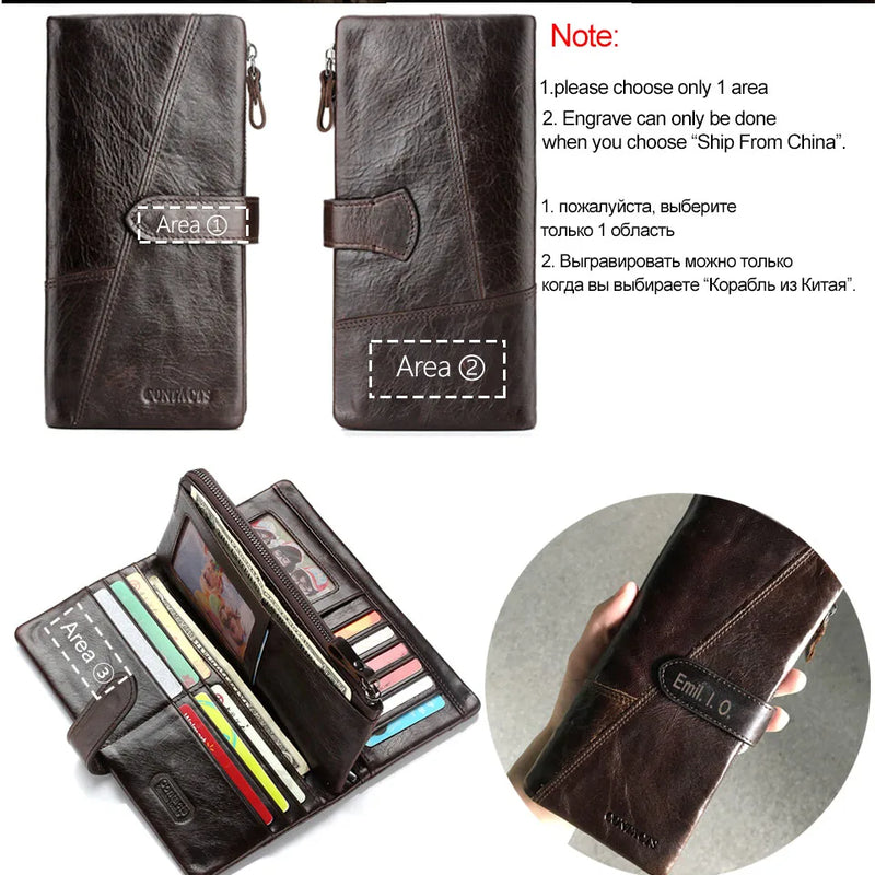 CONTACT'S Genuine Crazy Horse Cowhide Leather Men Wallets  Fashion Purse With Card Holder Vintage Long Wallet Clutch Wrist Bag
