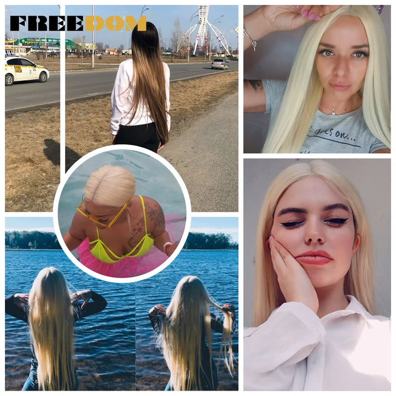 FREEDOM Synthetic Lace Front Wigs For Women Super Long 38Inch Ombre Blonde Highlight Ginger Straight Lace Wigs Cosplay Wigs