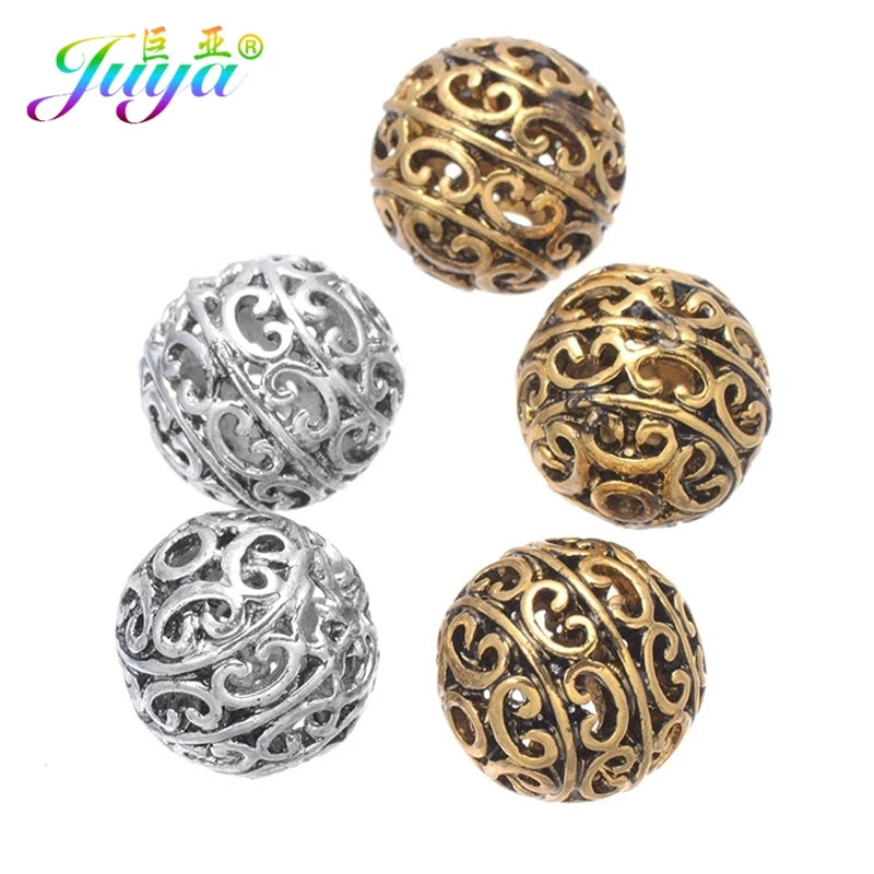 Juya 10 20Pcs/Lot 12mm Engrave Perles Hollow Antique Gold Silver Plated Metal Beads For DIY Women Men Beadwork Jewelry Making