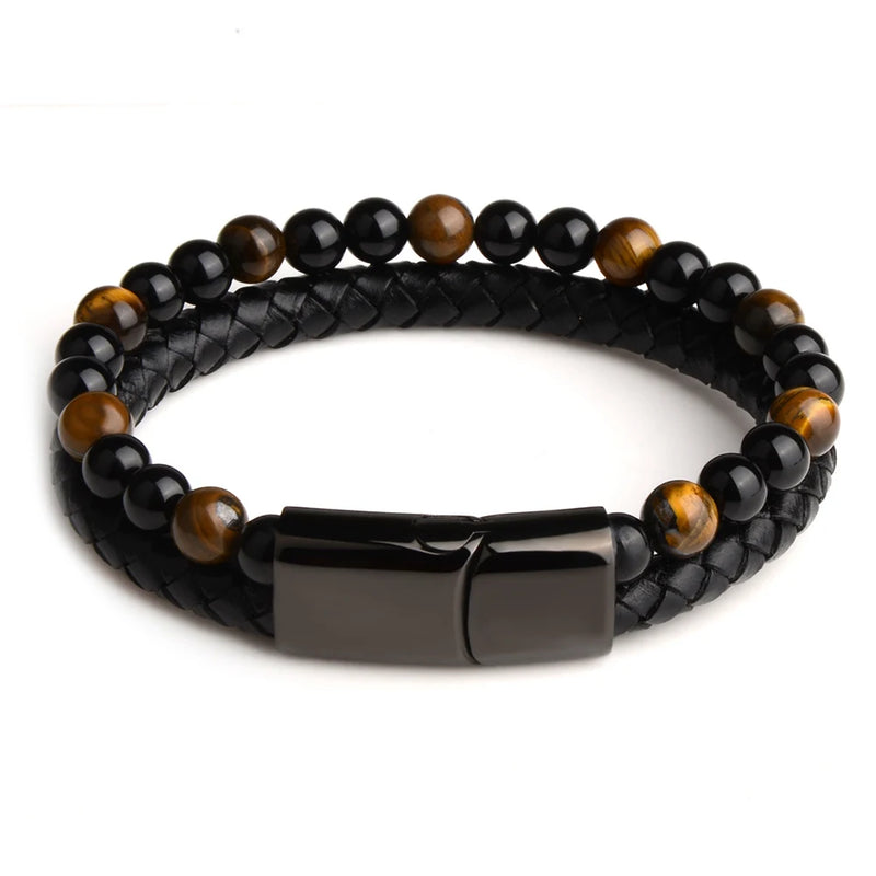 Natural Stone Bracelet Genuine Leather Braided Bracelets Black Stainless Steel Magnetic Clasp Tiger eye Bead Bangle Men Jewelry