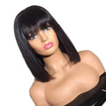 LUFFYHAIR Silk Top Short Bob Human Hair Wigs Brazilian Straight 100% Remy Hair Silk Base Full Lace Wigs with Bangs Bob Cut