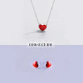 925 silver Needle Earrings+necklace for Women Jewelry Sets Cute Tiny Red Glaze Heart Stud Earrings For Girls Kids Lady Gift