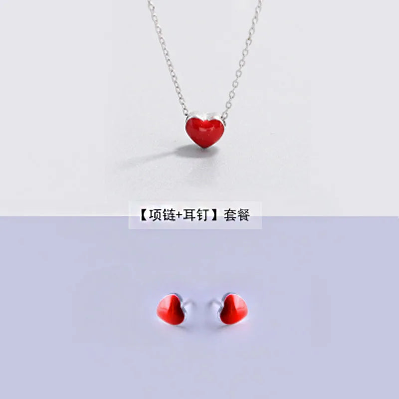 925 silver Needle Earrings+necklace for Women Jewelry Sets Cute Tiny Red Glaze Heart Stud Earrings For Girls Kids Lady Gift