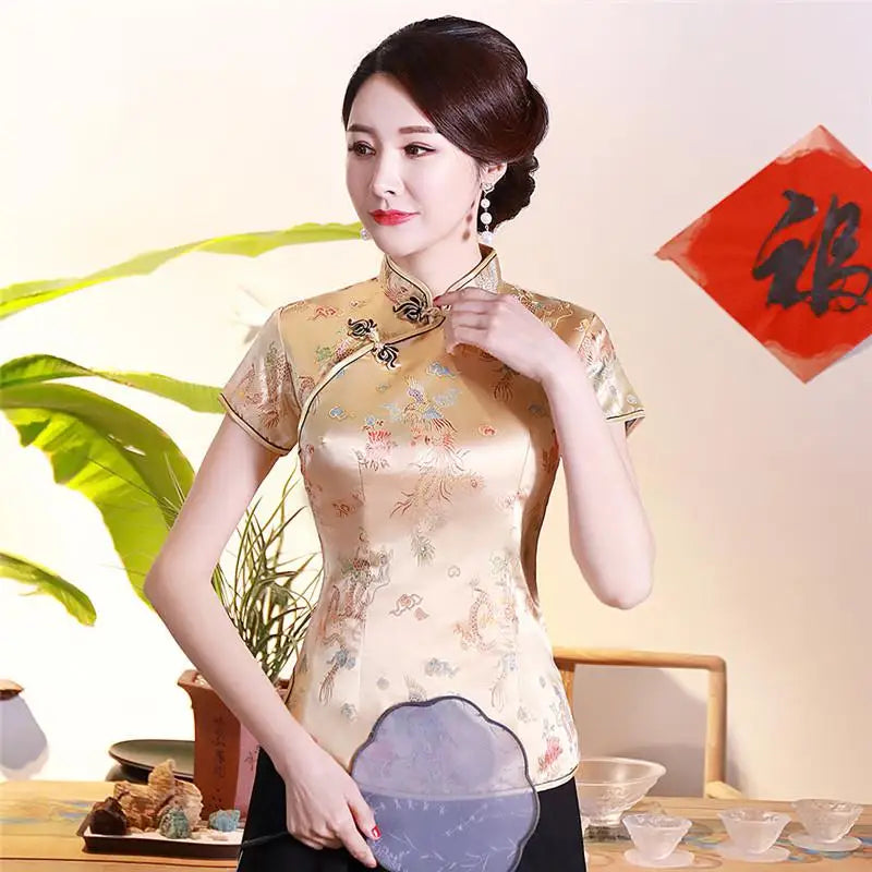 Vintage Flower Women Chinese Traditional Satin Blouse Summer Sexy Shirt Novelty Dragon Clothing Tops Plus Size 3XL 4XL WS009