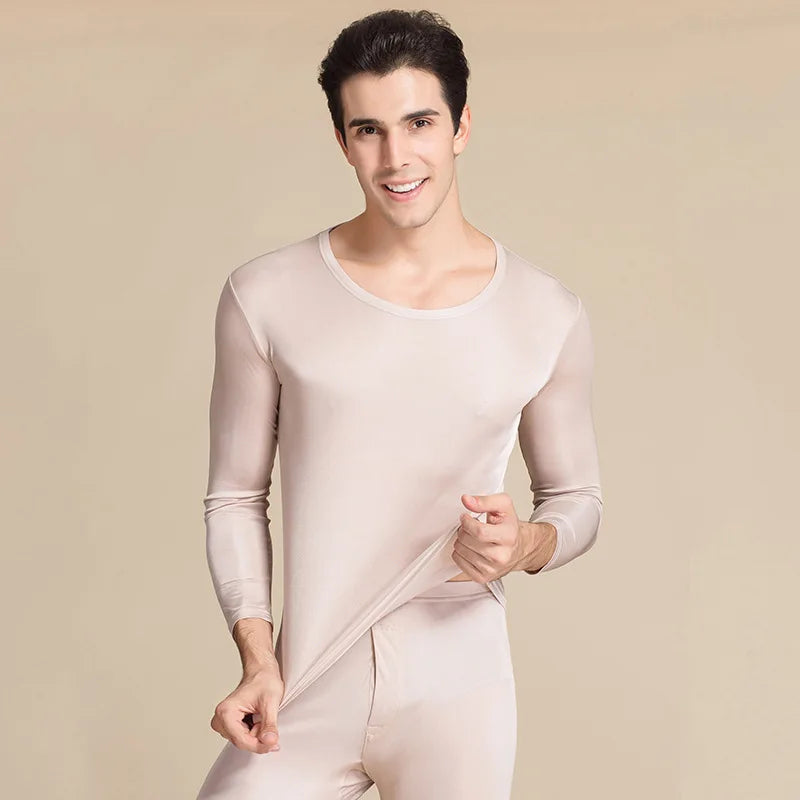 SuyaDream Men Long Johns Natural Silk Round neck Thermal Underwear For Men Fall Winter Underwear Set
