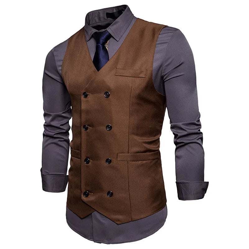 New Brand Dress Vests For Men Casual Slim Fit Mens Suit Vest Double breasted Waistcoat Gilet Homme Formal Business Jacket XXL