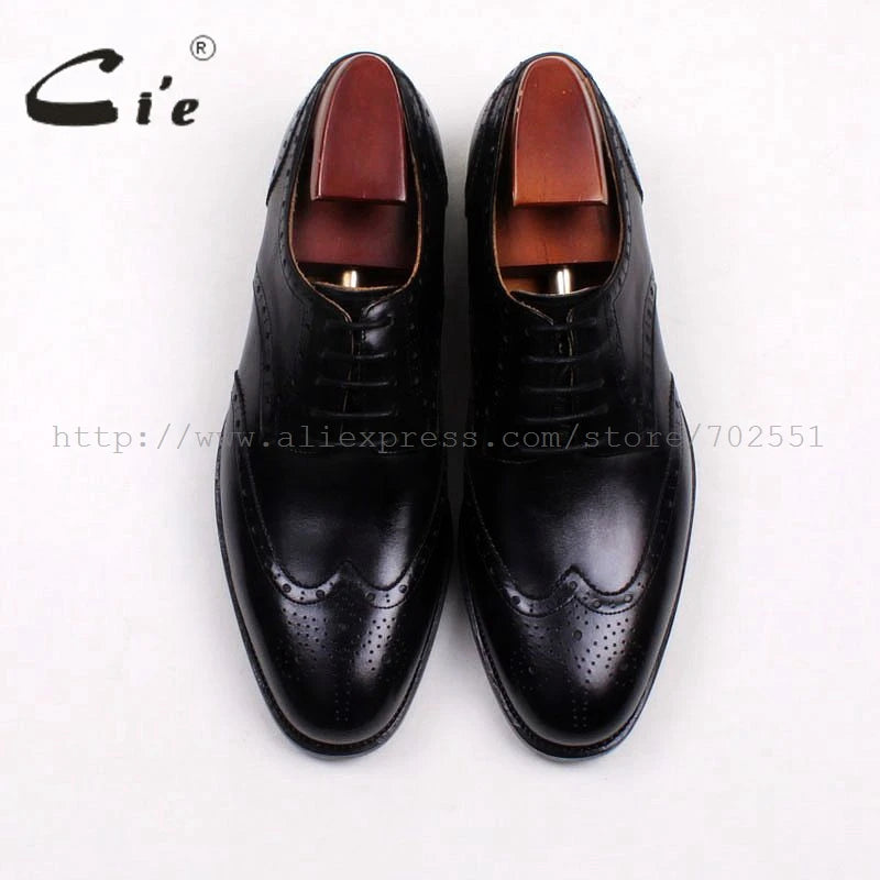 cie Round Toe Full Brogues Cut-Outs Solid Black Handmade Derby Men's Leather Shoe 100% Genuine Calf Leather Goodyear Welted D175