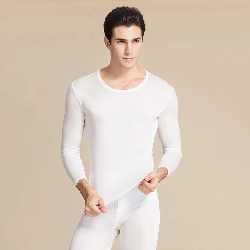 SuyaDream Men Long Johns Natural Silk Round neck Thermal Underwear For Men Fall Winter Underwear Set
