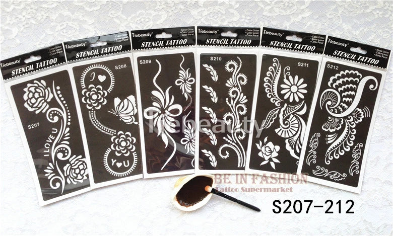 6pcs/lot  Mehndi Indian Henna Tattoo Stencil reuseable Henna Tatoo Template Professional Tattoos Stencil For hand Painting bride