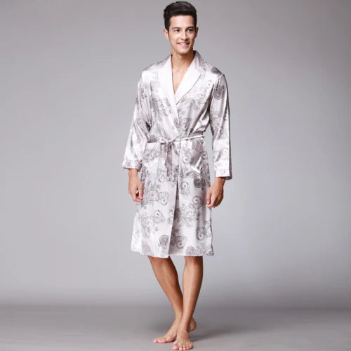 SSH0127 Spring Autumn Men's Bathrobes Printed Male Pajamas Full Sleeves Nightwear Sleepwear Satin Silk Robe Pyjama Belt Men Robe