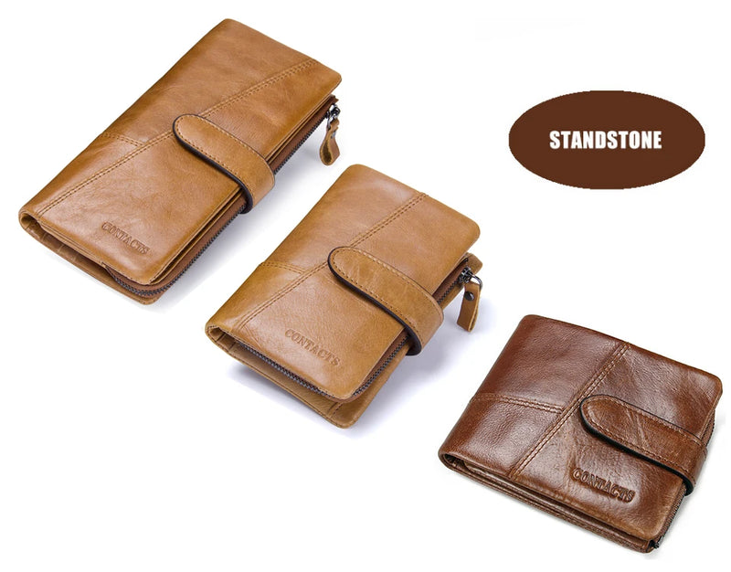 CONTACT'S Genuine Crazy Horse Cowhide Leather Men Wallets  Fashion Purse With Card Holder Vintage Long Wallet Clutch Wrist Bag