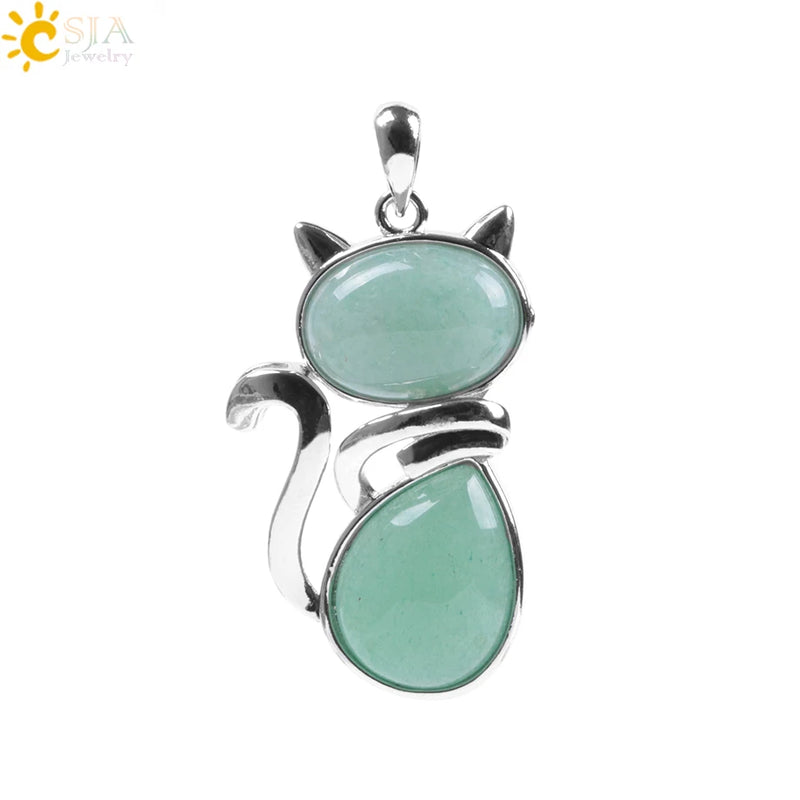 Natural Stone Pendant Cute Cat Pendants Suspension for Girl Amethyst Tiger Eye Green Aventurine Pink Crystal Cat Jewelry F072