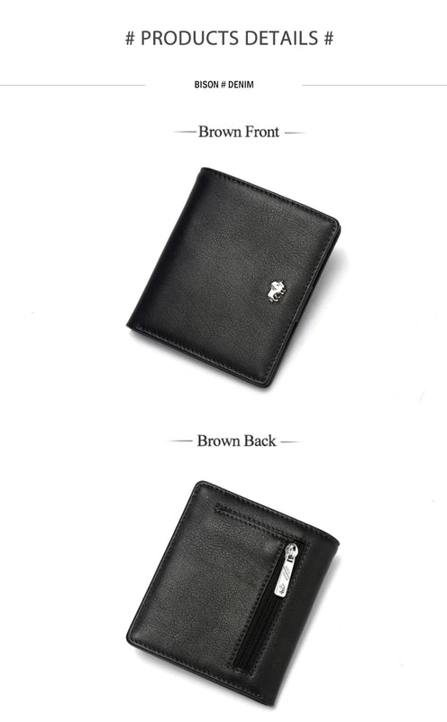 BISON DENIM Fashion Purse Men's Genuine Leather Wallet RFID Blocking Mini Wallet Male Card Holder Small Zipper Coin Purse W9317