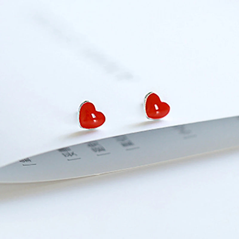 925 silver Needle Earrings+necklace for Women Jewelry Sets Cute Tiny Red Glaze Heart Stud Earrings For Girls Kids Lady Gift