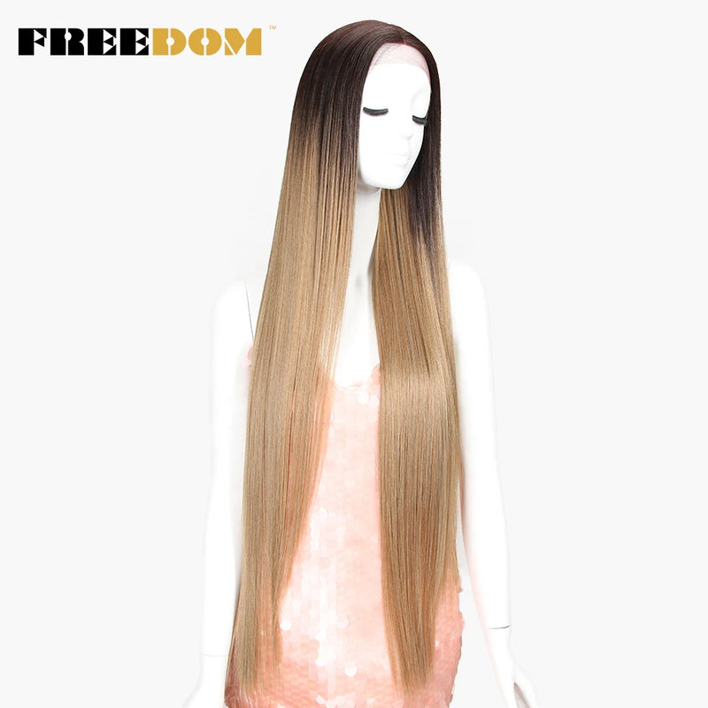 FREEDOM Synthetic Lace Front Wigs For Women Super Long 38Inch Ombre Blonde Highlight Ginger Straight Lace Wigs Cosplay Wigs
