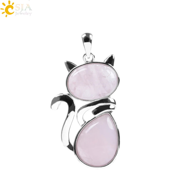 Natural Stone Pendant Cute Cat Pendants Suspension for Girl Amethyst Tiger Eye Green Aventurine Pink Crystal Cat Jewelry F072
