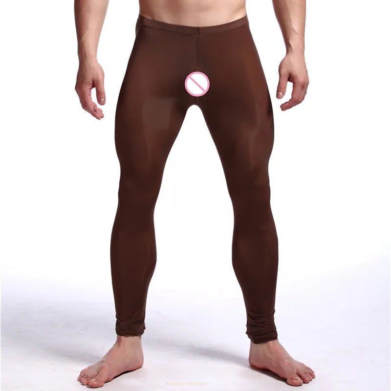 Sexy Men See-through Pants silky Tights Milk Fiber Leggings Trousers Long Johns Underwear U Convex Pocket Mens Wrestling Singlet