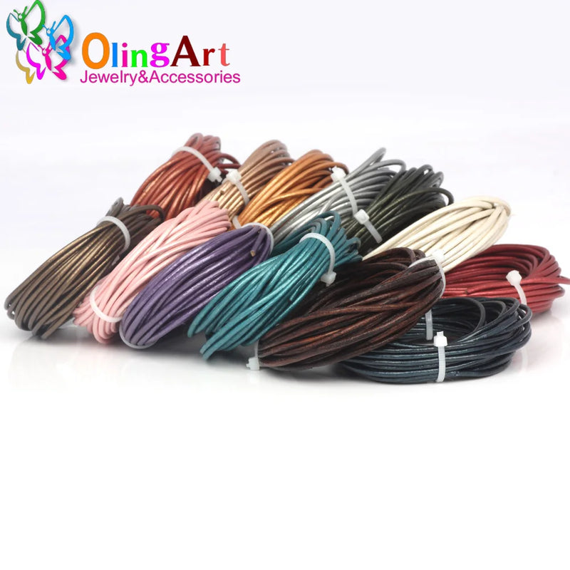 OlingArt 2mm 5M/Lot Craft Color Round Genuine Leather Cord Golden Silver DIY Necklace Bracelet Earrings Choker Jewelry Making