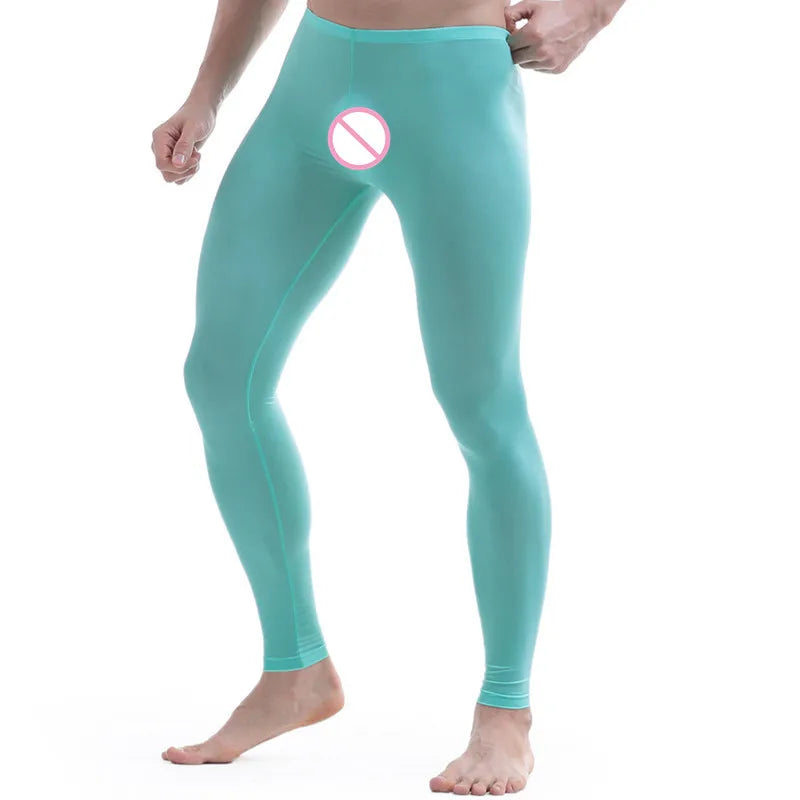 Sexy Men See-through Pants silky Tights Milk Fiber Leggings Trousers Long Johns Underwear U Convex Pocket Mens Wrestling Singlet