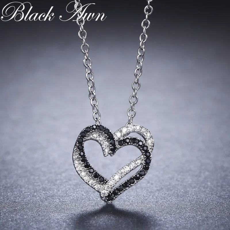 Black Awn Silver Color Necklace Women Jewelry Heart Black&White Stone Pendants P107
