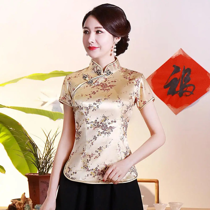 Vintage Flower Women Chinese Traditional Satin Blouse Summer Sexy Shirt Novelty Dragon Clothing Tops Plus Size 3XL 4XL WS009