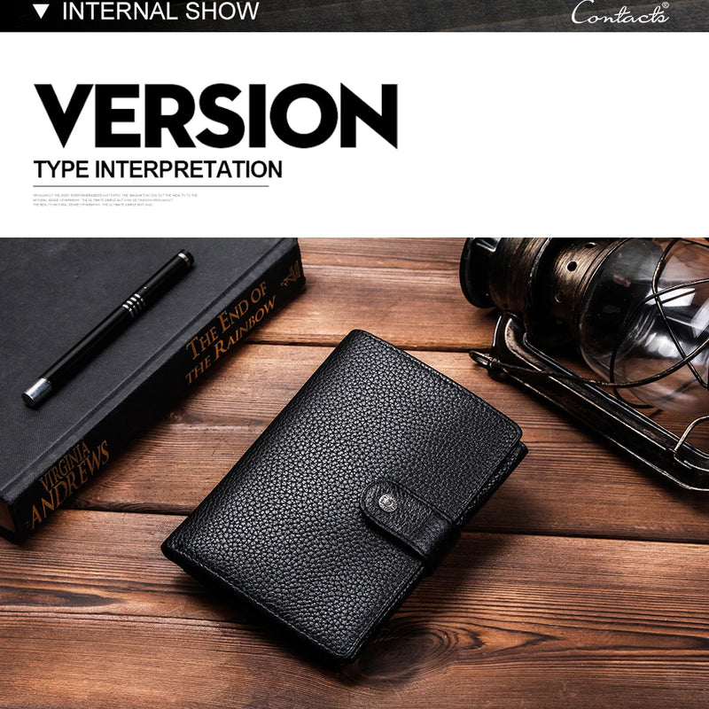 CONTACT'S Top Quality Genuine Cow Leather Wallet Men Hasp Design Short Purse With Passport Photo Holder For Male Clutch Wallets