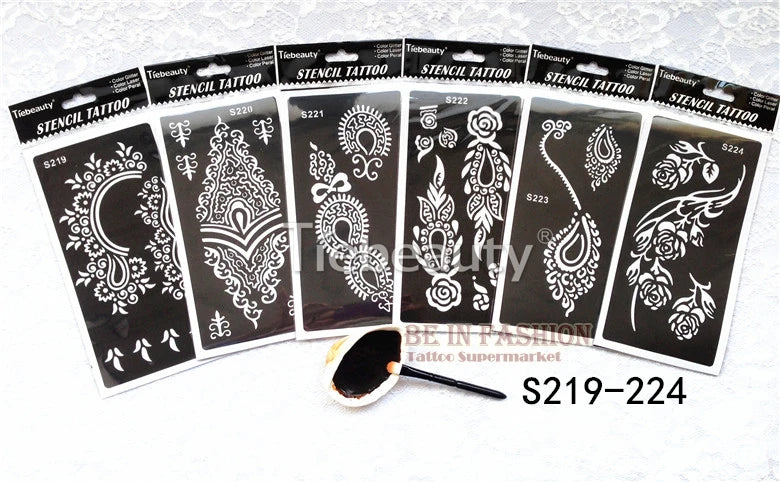 6pcs/lot  Mehndi Indian Henna Tattoo Stencil reuseable Henna Tatoo Template Professional Tattoos Stencil For hand Painting bride