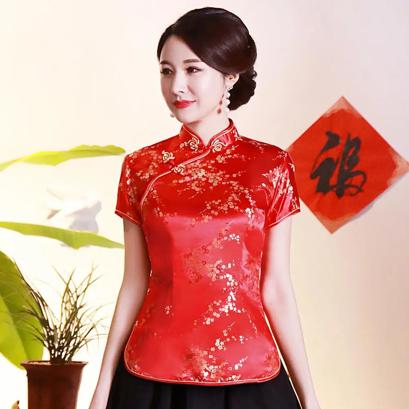 Vintage Flower Women Chinese Traditional Satin Blouse Summer Sexy Shirt Novelty Dragon Clothing Tops Plus Size 3XL 4XL WS009