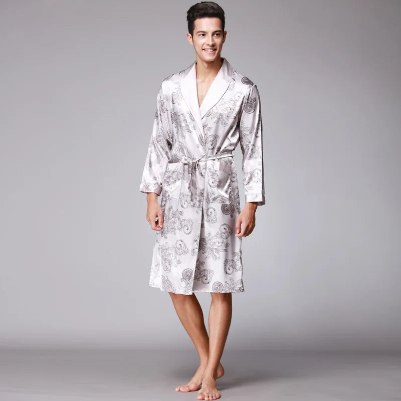 SSH0127 Spring Autumn Men's Bathrobes Printed Male Pajamas Full Sleeves Nightwear Sleepwear Satin Silk Robe Pyjama Belt Men Robe