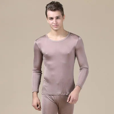 SuyaDream Men Long Johns Natural Silk Round neck Thermal Underwear For Men Fall Winter Underwear Set