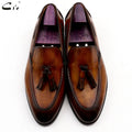 cie Round Toe Pure Genuine Leather Bespoke Blake Stitch Handmade Patina Brown Tassels Slip-on Men's Shoe Casual Boat loafer 159