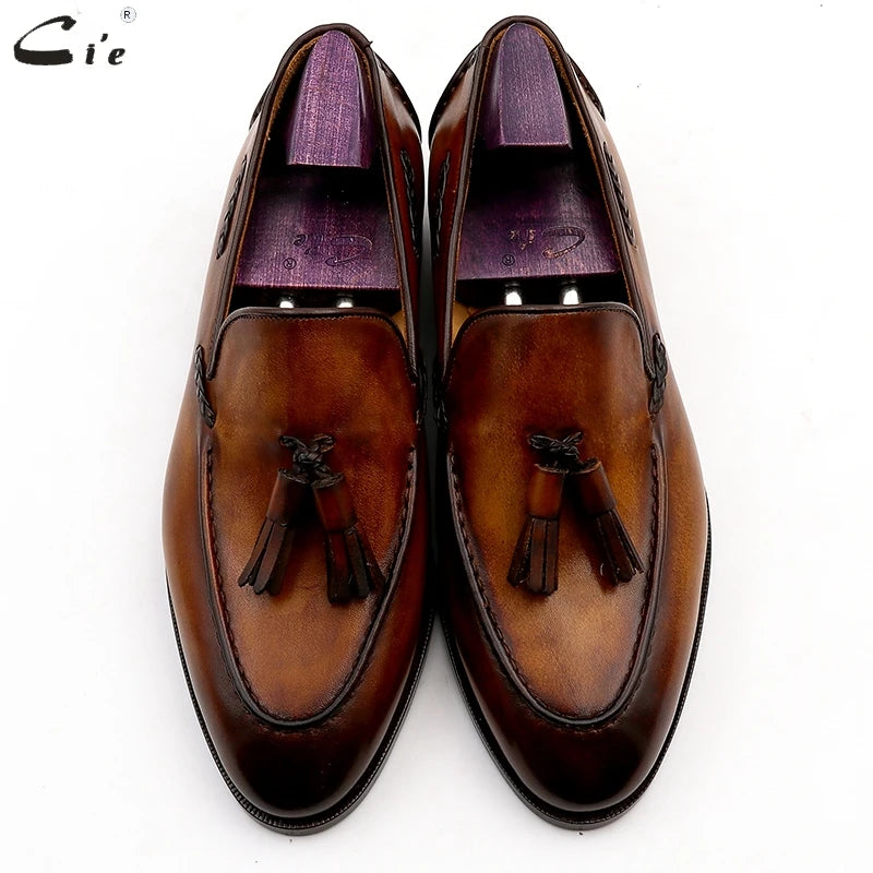 cie Round Toe Pure Genuine Leather Bespoke Blake Stitch Handmade Patina Brown Tassels Slip-on Men's Shoe Casual Boat loafer 159