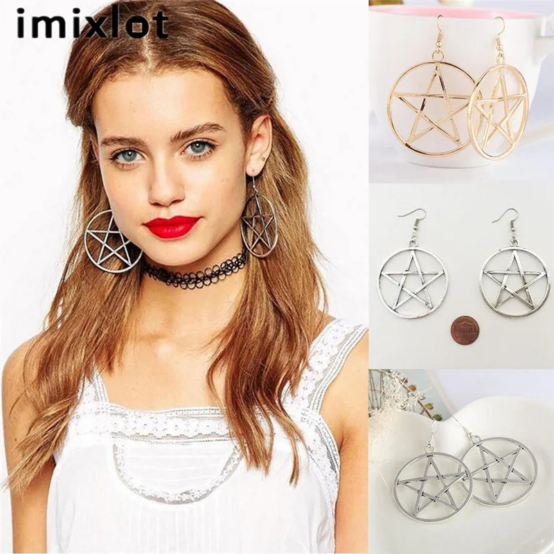 imixlot Big Round Pentagram Star Earrings Gothic Ear Hook Drop Earrings For Women Pendientes Fashion Jewelry