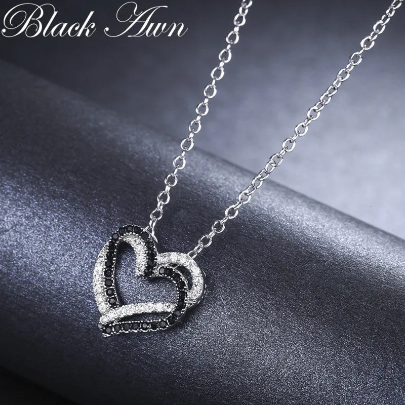 Black Awn Silver Color Necklace Women Jewelry Heart Black&White Stone Pendants P107