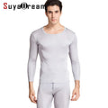 SuyaDream Men Long Johns Natural Silk Round neck Thermal Underwear For Men Fall Winter Underwear Set