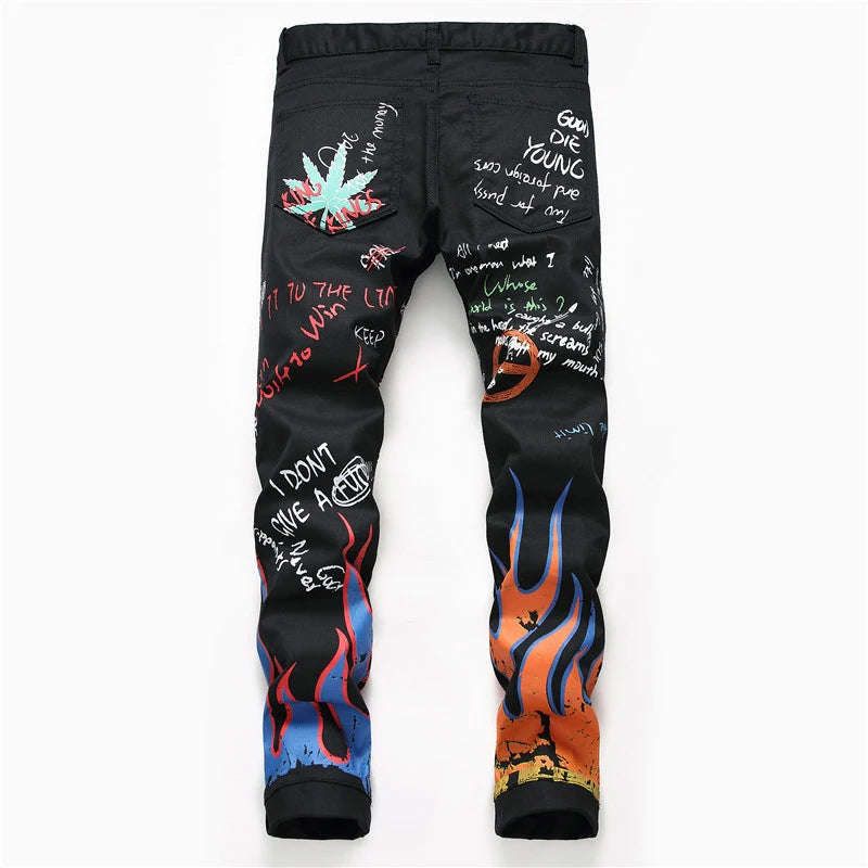 Sokotoo Men's Fashion Letters Flame Black Printed Jeans | SAMAG