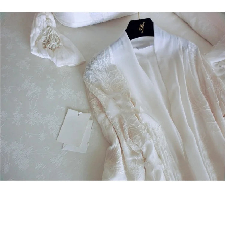 Autumn Spring Women's Luxury Deep V Soft Silk Robes Three Quarter Sleeve Floral Nightgowns Home Clothes 032