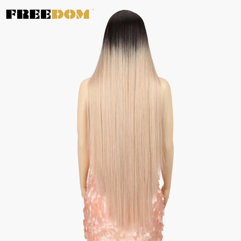 FREEDOM Synthetic Lace Front Wigs For Women Super Long 38Inch Ombre Blonde Highlight Ginger Straight Lace Wigs Cosplay Wigs