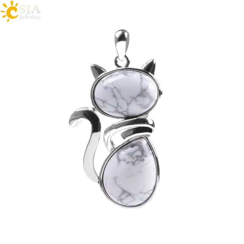 Natural Stone Pendant Cute Cat Pendants Suspension for Girl Amethyst Tiger Eye Green Aventurine Pink Crystal Cat Jewelry F072