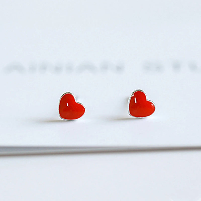 925 silver Needle Earrings+necklace for Women Jewelry Sets Cute Tiny Red Glaze Heart Stud Earrings For Girls Kids Lady Gift