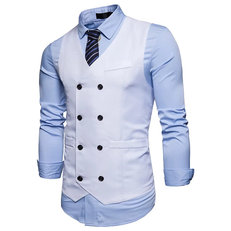 New Brand Dress Vests For Men Casual Slim Fit Mens Suit Vest Double breasted Waistcoat Gilet Homme Formal Business Jacket XXL