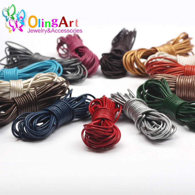 OlingArt 2mm 5M/Lot Craft Color Round Genuine Leather Cord Golden Silver DIY Necklace Bracelet Earrings Choker Jewelry Making
