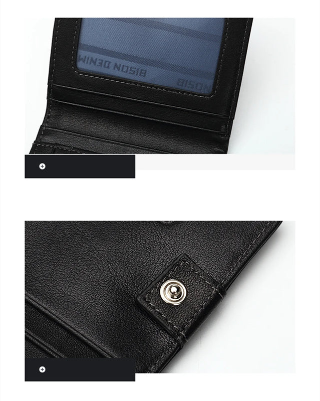 BISON DENIM Fashion Purse Men's Genuine Leather Wallet RFID Blocking Mini Wallet Male Card Holder Small Zipper Coin Purse W9317