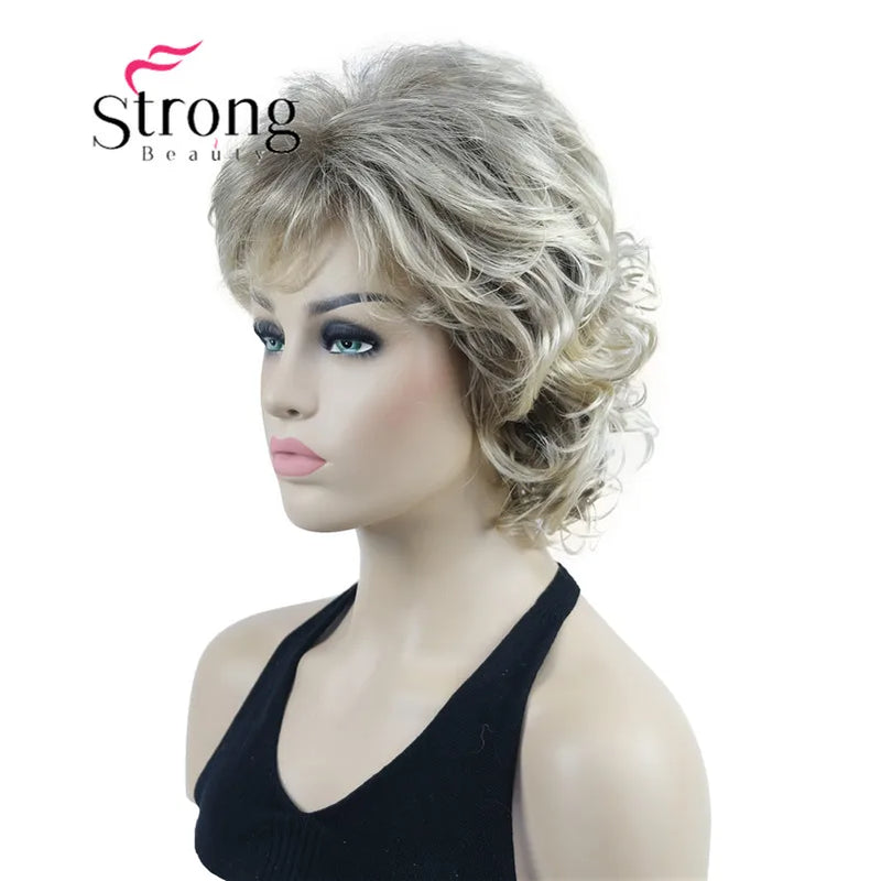 StrongBeauty Short Wig Soft Tousled Curls Blonde Highlights Full Synthetic Wigs COLOUR CHOICES
