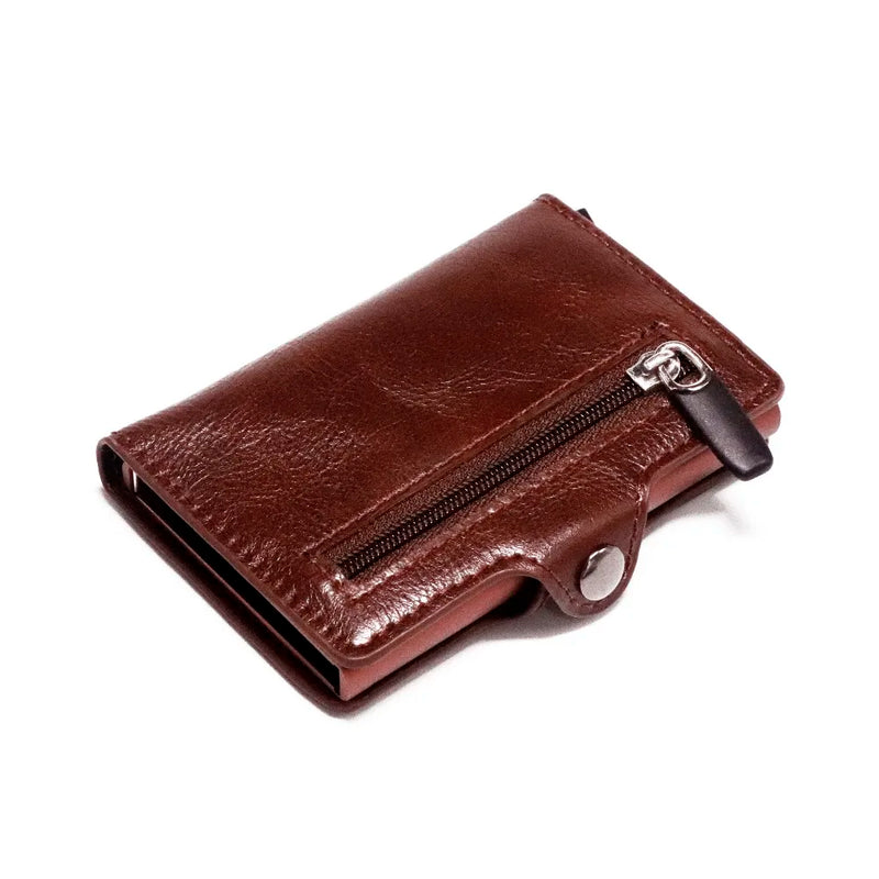 RFID Business Credit Card Holder Men Multifunction Automatic Aluminium Alloy Leather Cards Case Mini Wallet Slim Coin Purse