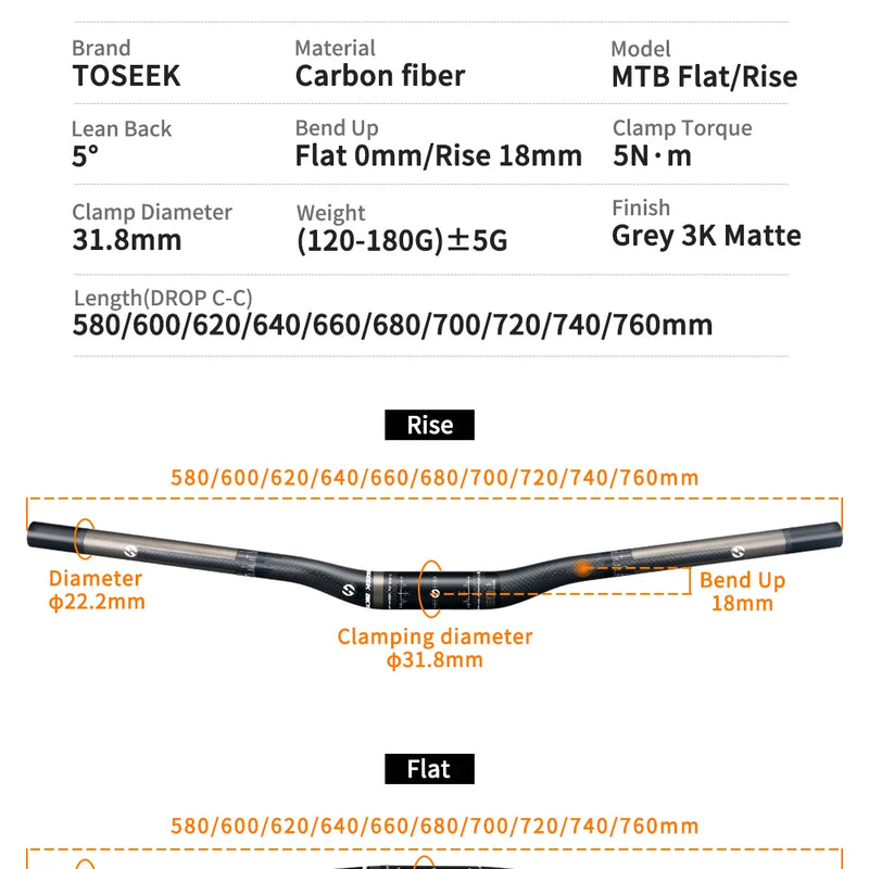 TOSEEK Carbon Fibre Handlebar MTB Bicycle Handle Bar Parts 31.8mm Rise/Flat Handlebars 580/600/620/640/660/700/720/740/760mm