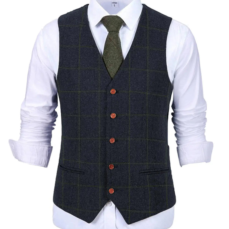 Men's Army Green Vest Plaid Soft Wool Brown Jacket Casual Gentleman Tweed Business Waistcoat For Groosmen Best Man For Wedding