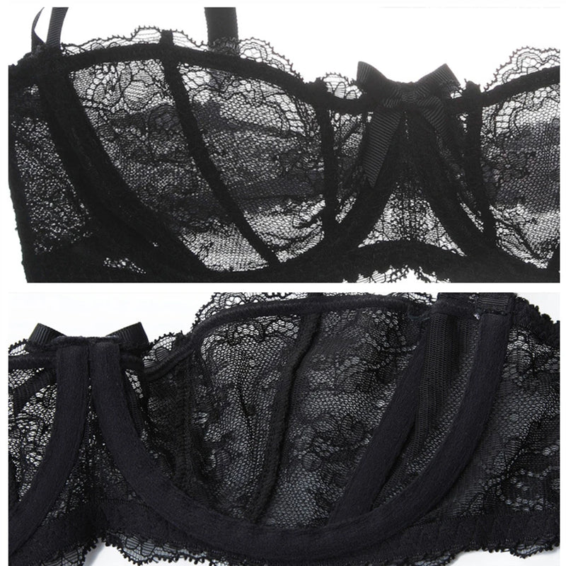 CYHWR Luxury Half Cup Lace Transparent Sexy Lingerie Ultra-thin Solid Shell Style 4 Pieces/Lots Bra Set and Garter and Stocking
