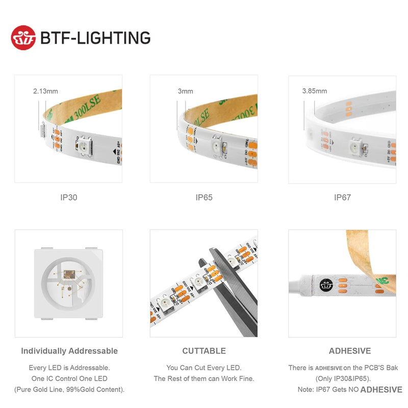 WS2812B RGB IC LED Strip Light 1m 2m 4m 5m Addressable Individually WS2812 30 60 100 144 LEDs Magic Black White PCB DC5V IP30